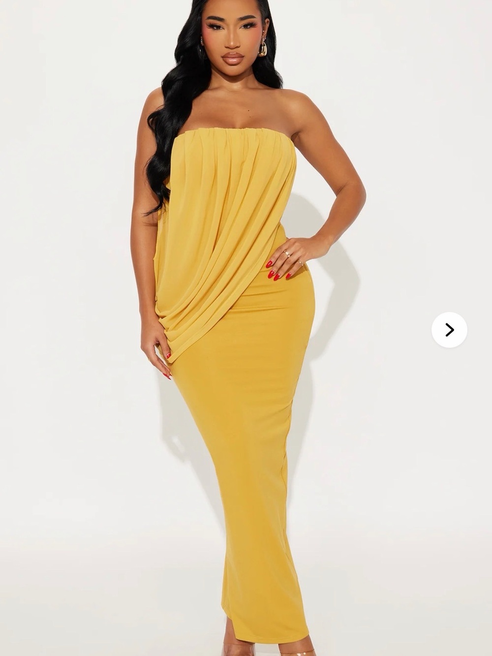 Fashion Nova Strapless Draped Maxi Dress in Mustard